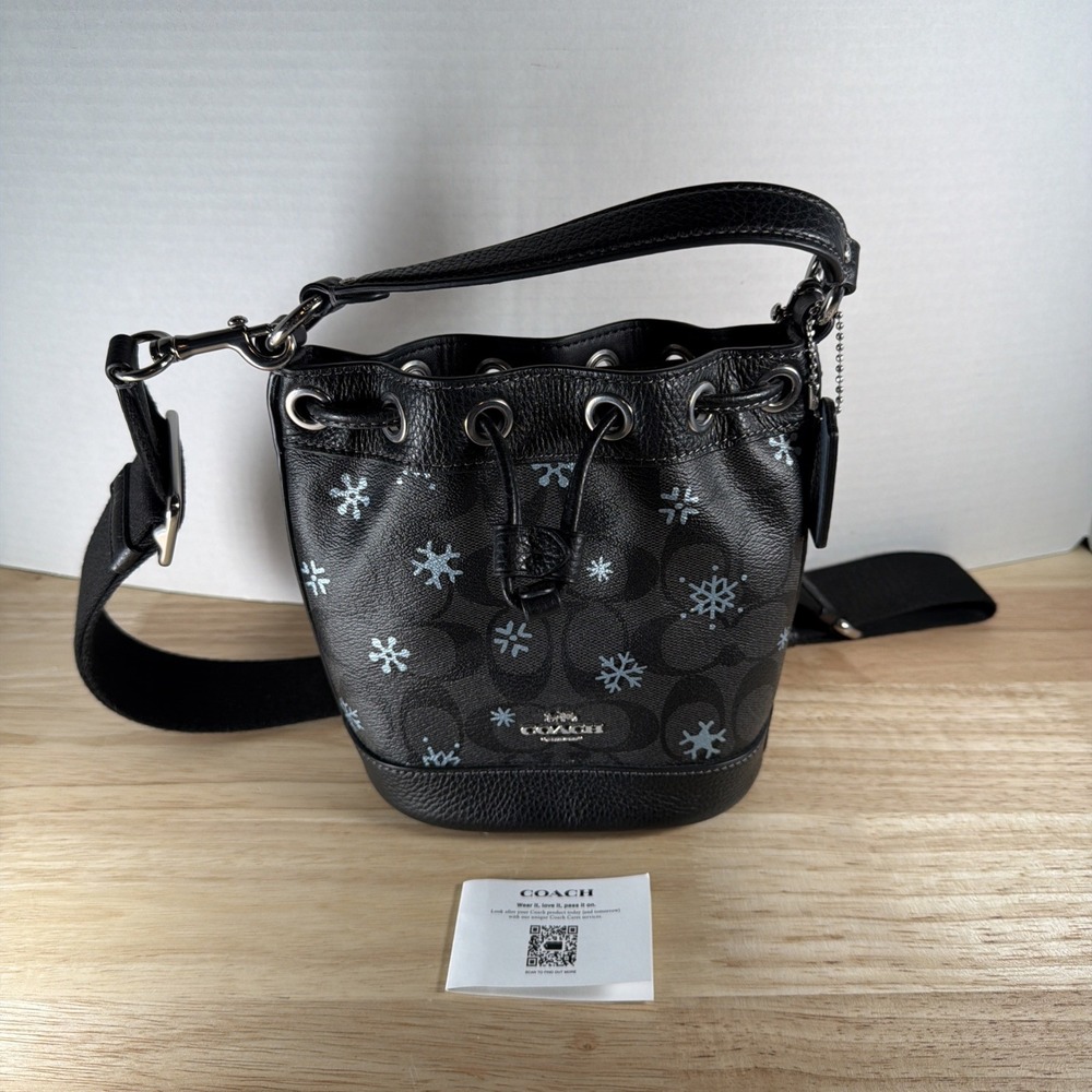 Coach Signature Dempsey Drawstring Snowflake Small Bucket Bag Silver Hardware